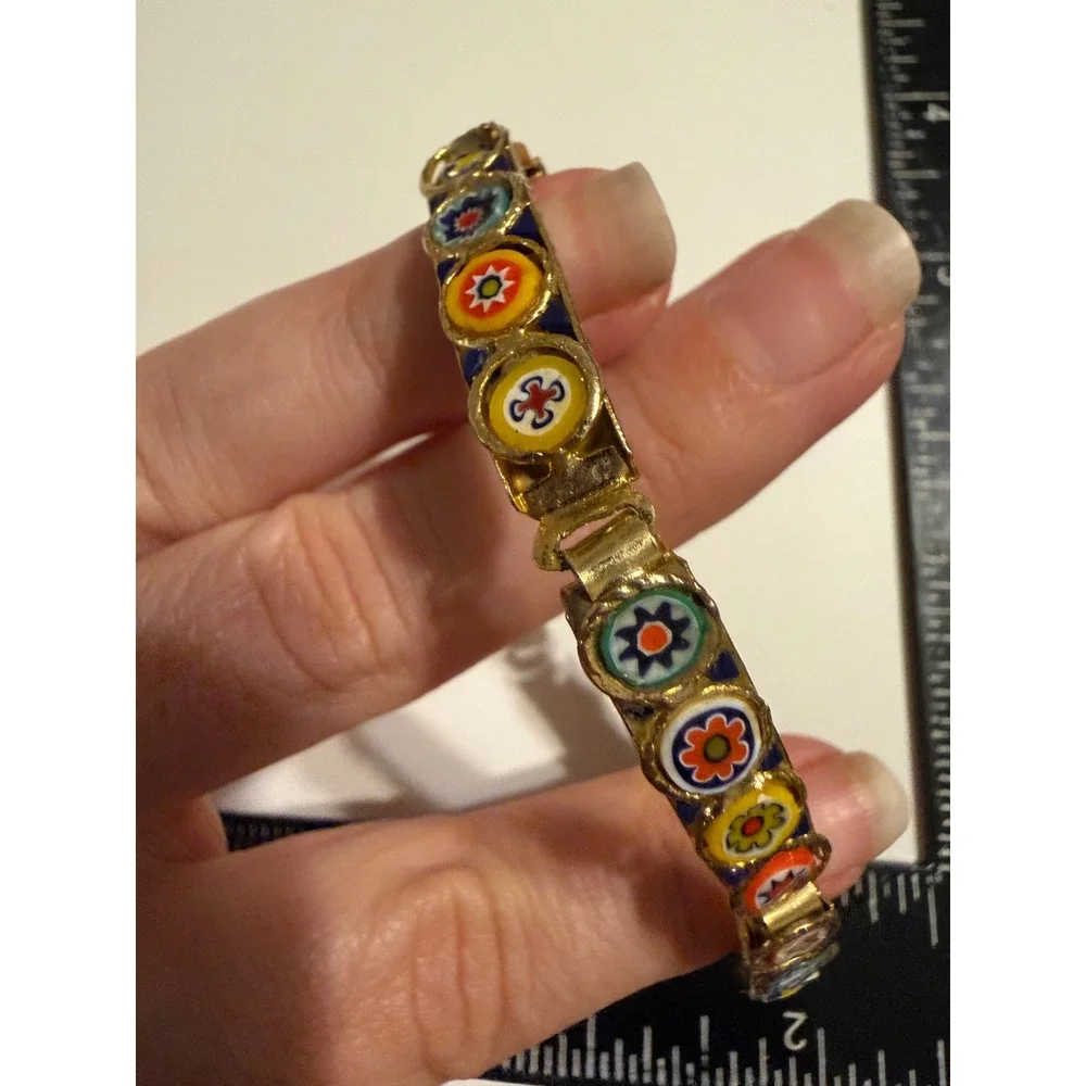 Vintage Italian Micro Mosaic Millefiori Glass Gold Tone Bracelet Floral 7.5